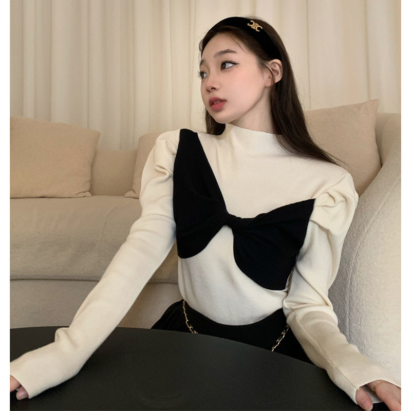 品質 小香風蝴蝶結針織打底衫女內搭秋冬獨特别致泡泡袖上衣