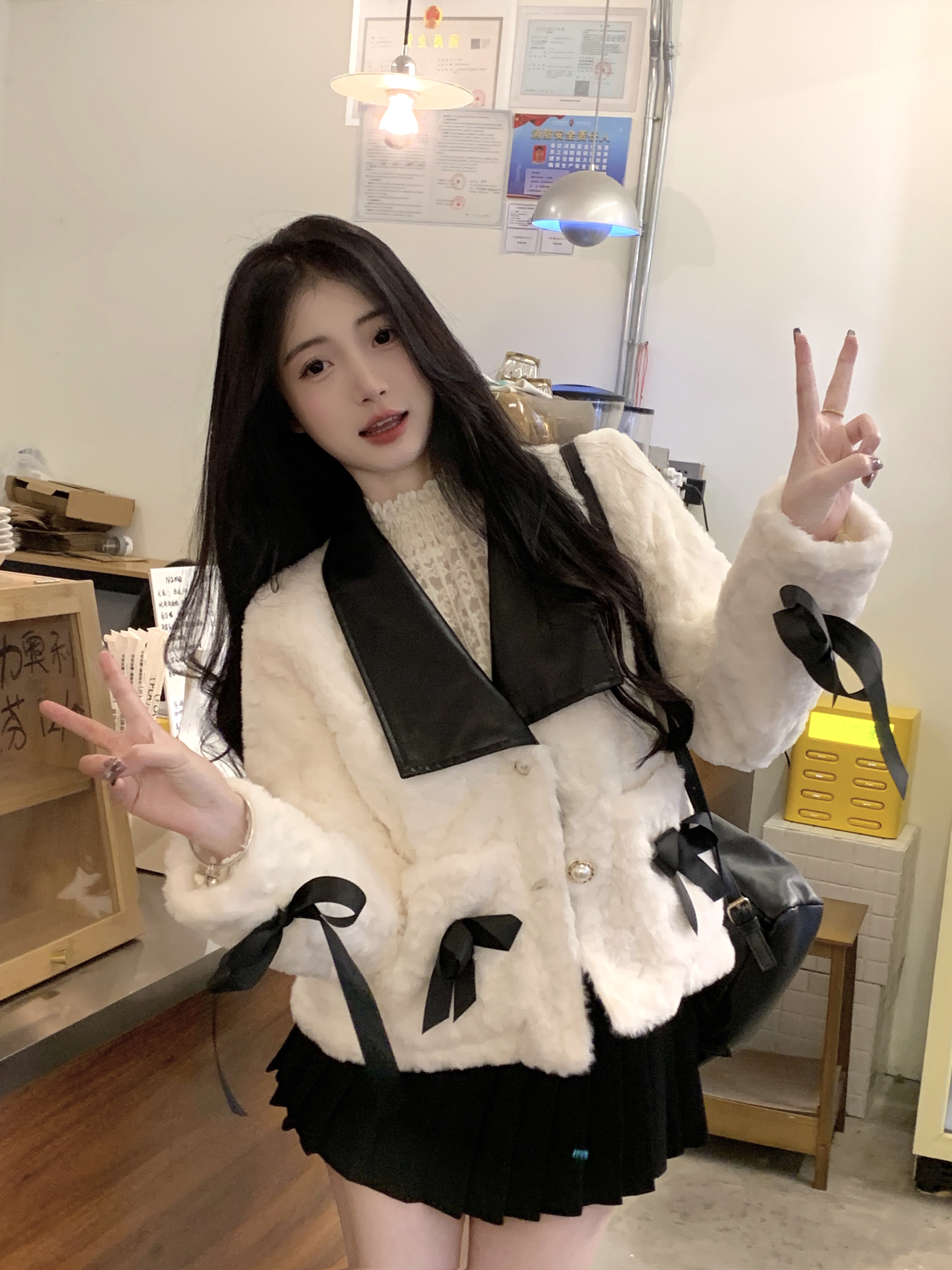 實拍 冬季新款撞色加棉羊羔毛小香風翻領系帶蝴蝶結上衣外套