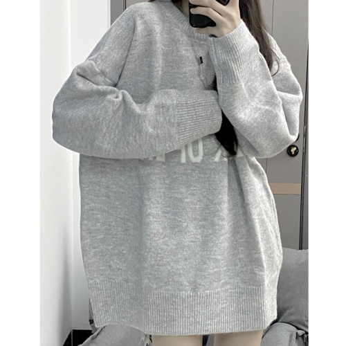 American high street loose letter round neck sweater for women autumn new versatile casual high-end niche gray top