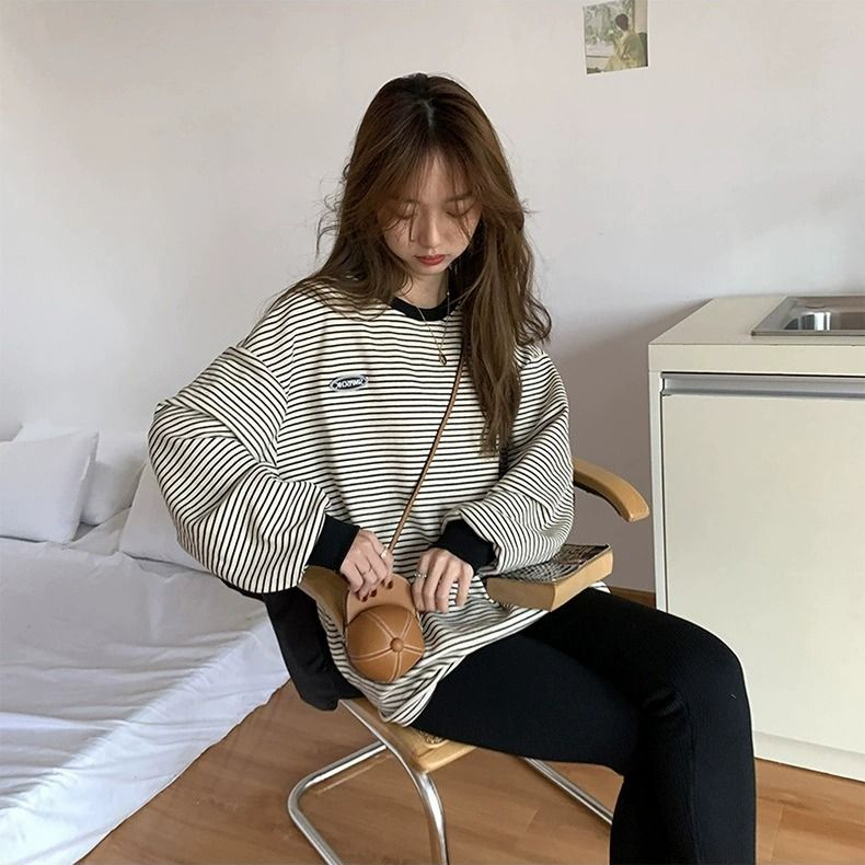 Lazy style casual long-sleeved T-shirt for women early autumn 2023 new loose Korean style round neck contrast striped hooded sweatshirt