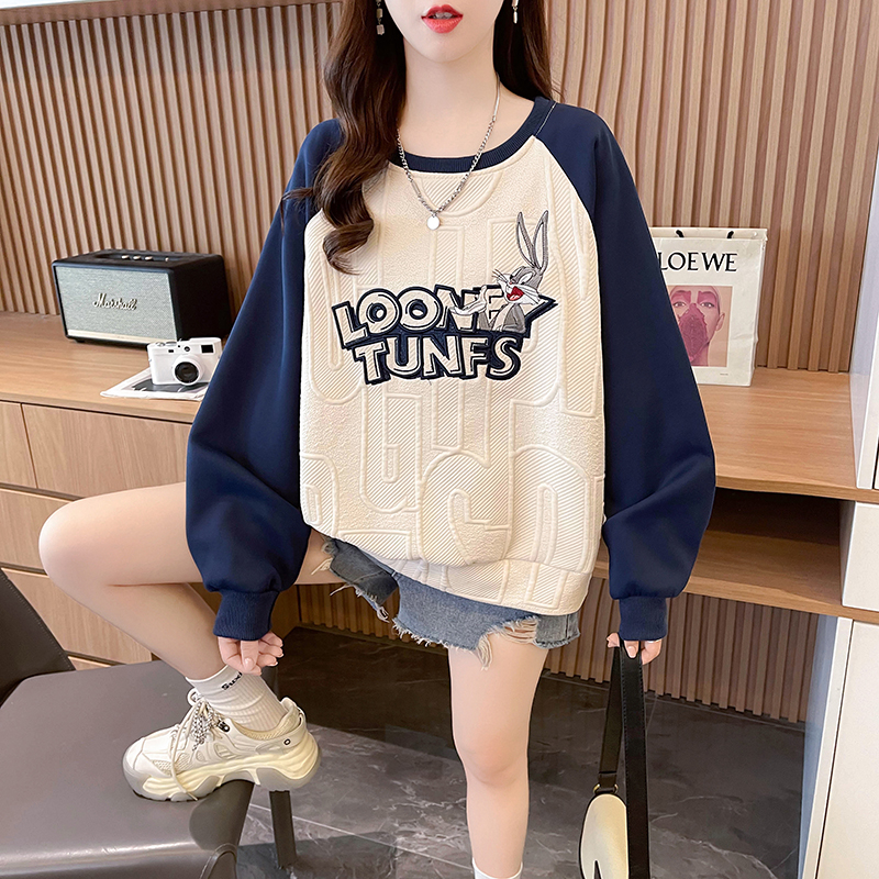 Real shot 8916# Imitation cotton jacquard Korean style sweatshirt for women loose design raglan sleeve top