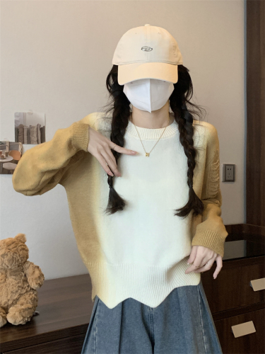 Actual shot of Korean design gradient round neck long-sleeved knitted loose and slim versatile top