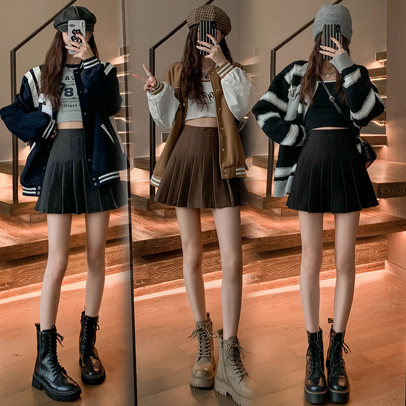 New autumn and winter thickened woolen pleated skirt, college style women's skirt, high waist slimming short skirt, student A-line skirt