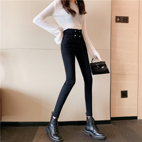 Real shot!  Korean style slim fit stretch high waist leg length jeans versatile ripped edge pencil pants for women