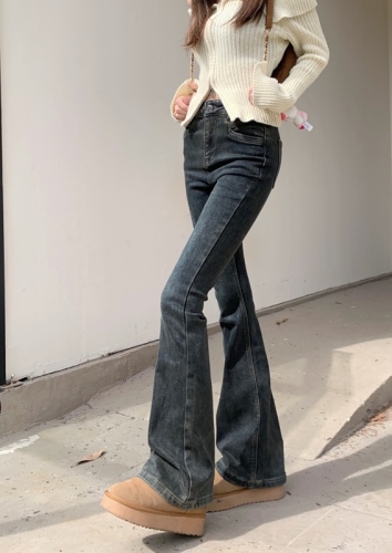Actual shot~Autumn and winter thickened velvet slimming high-waisted black slimming denim bell-bottom pants