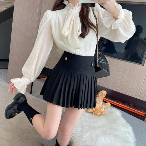 ****~Real shot of small fragrant style high-end pleated woolen skirt high-waisted A-line short skirt for women in autumn and winter