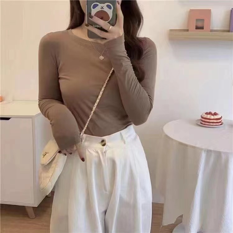 2023秋冬新款圓領打底衫女加厚內搭純棉長袖磨毛t恤緊身百搭上衣