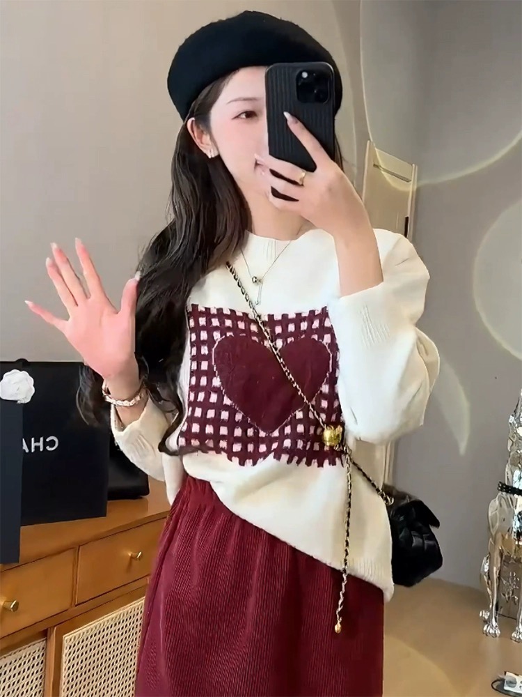 韓版拼色愛心圓領毛衣女2023秋季時尚休閒慵懶風長袖加厚套頭毛衣