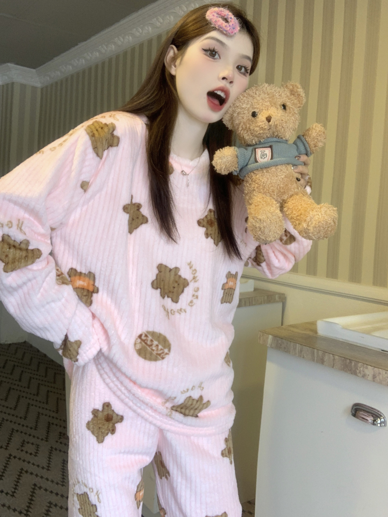 實拍~秋冬新款甜美印花珊瑚絨睡衣睡褲可愛保暖家居服兩件套