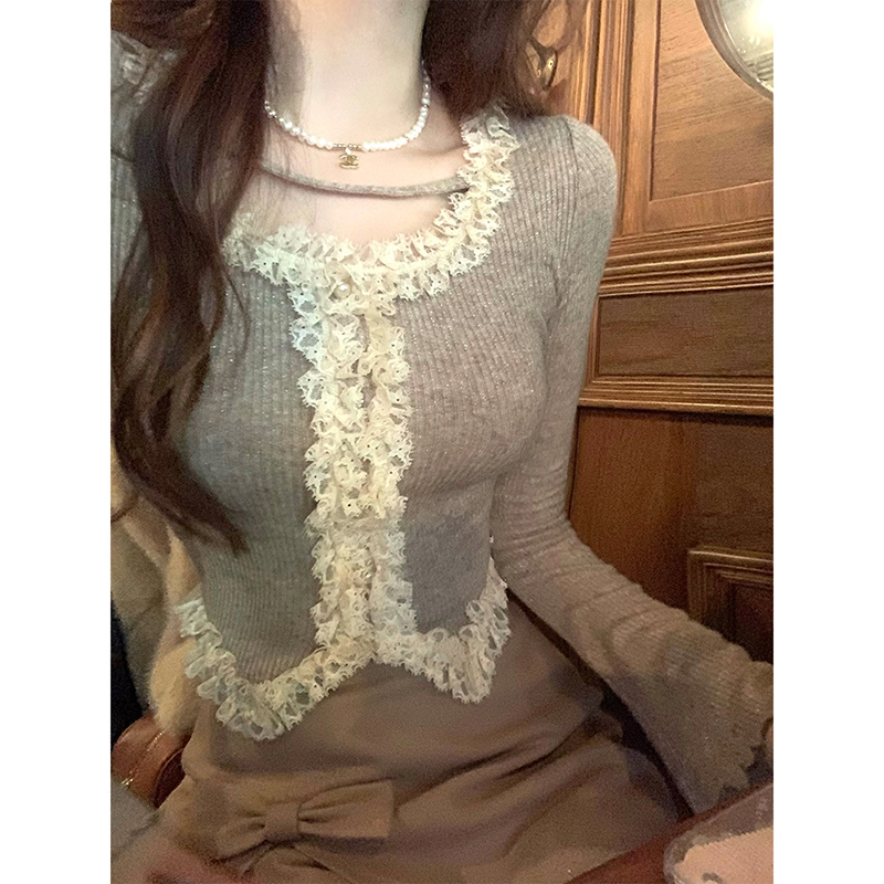 Lazydidi soft croissant fine shimmering lace top autumn and winter with ceiling women's square neck long-sleeved bottoming shirt