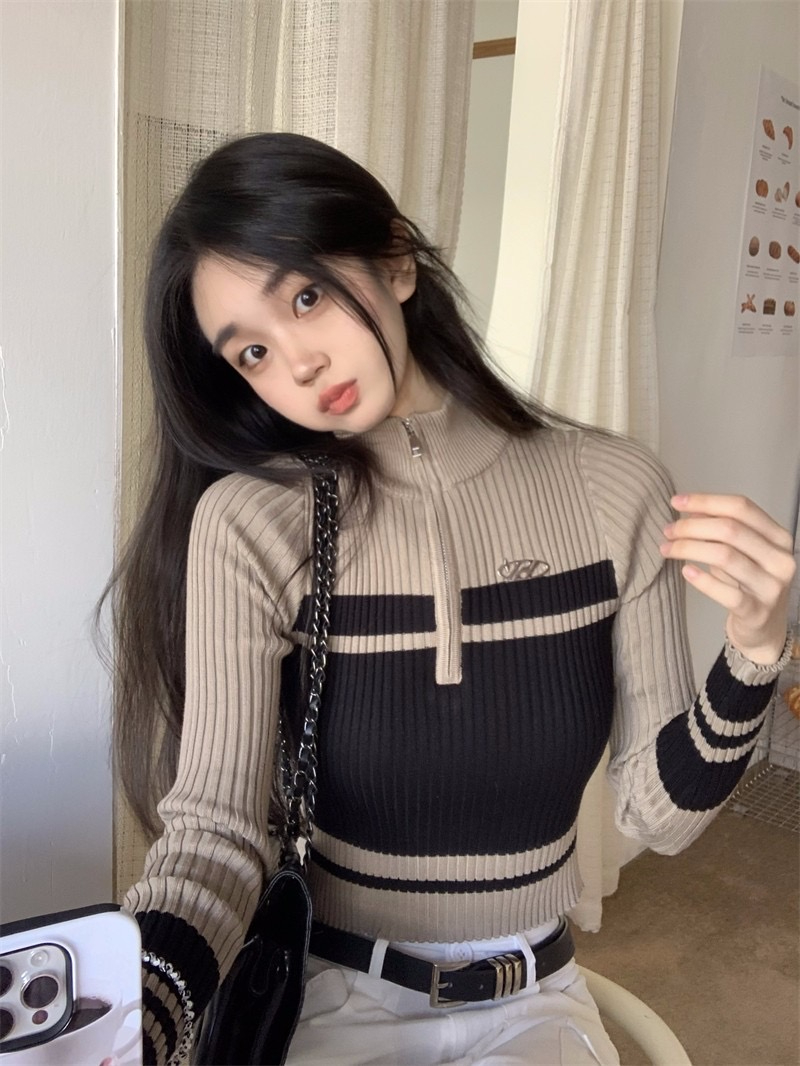 American Hot Girl Half Turtleneck Sweater Women's Autumn Clothing 2023 Slim Fit Zipper Long Sleeve Top Knitted Bottoming Shirt