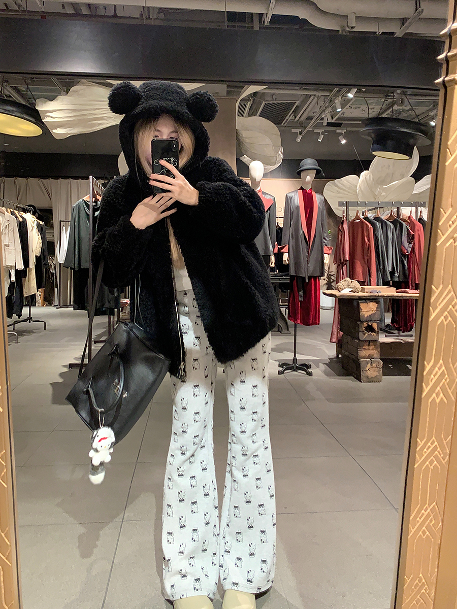 Funny Bear Bear Ears Lamb Fur Particle Coat for Women