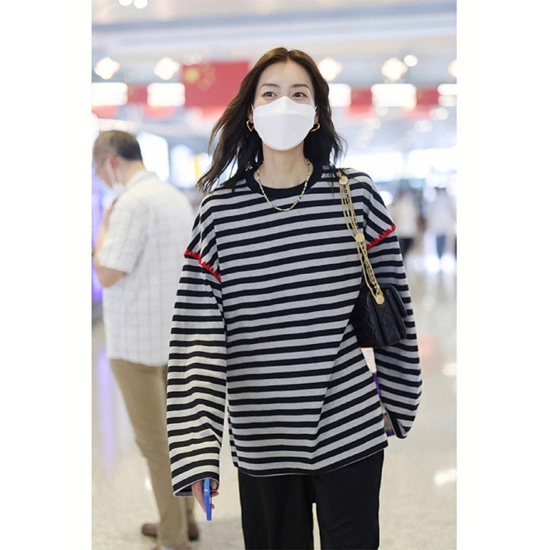Original method of dyed woven strips 2023 new large size raglan T-shirt women's long-sleeved spring and autumn trendy loose splicing contrasting colors