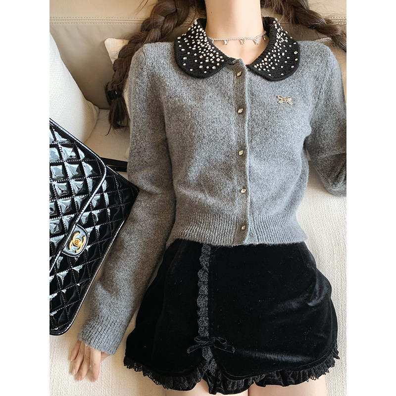 Quality Xiaoxiangfeng gray knitted cardigan for women autumn slim sweater rich daughter short bottoming top