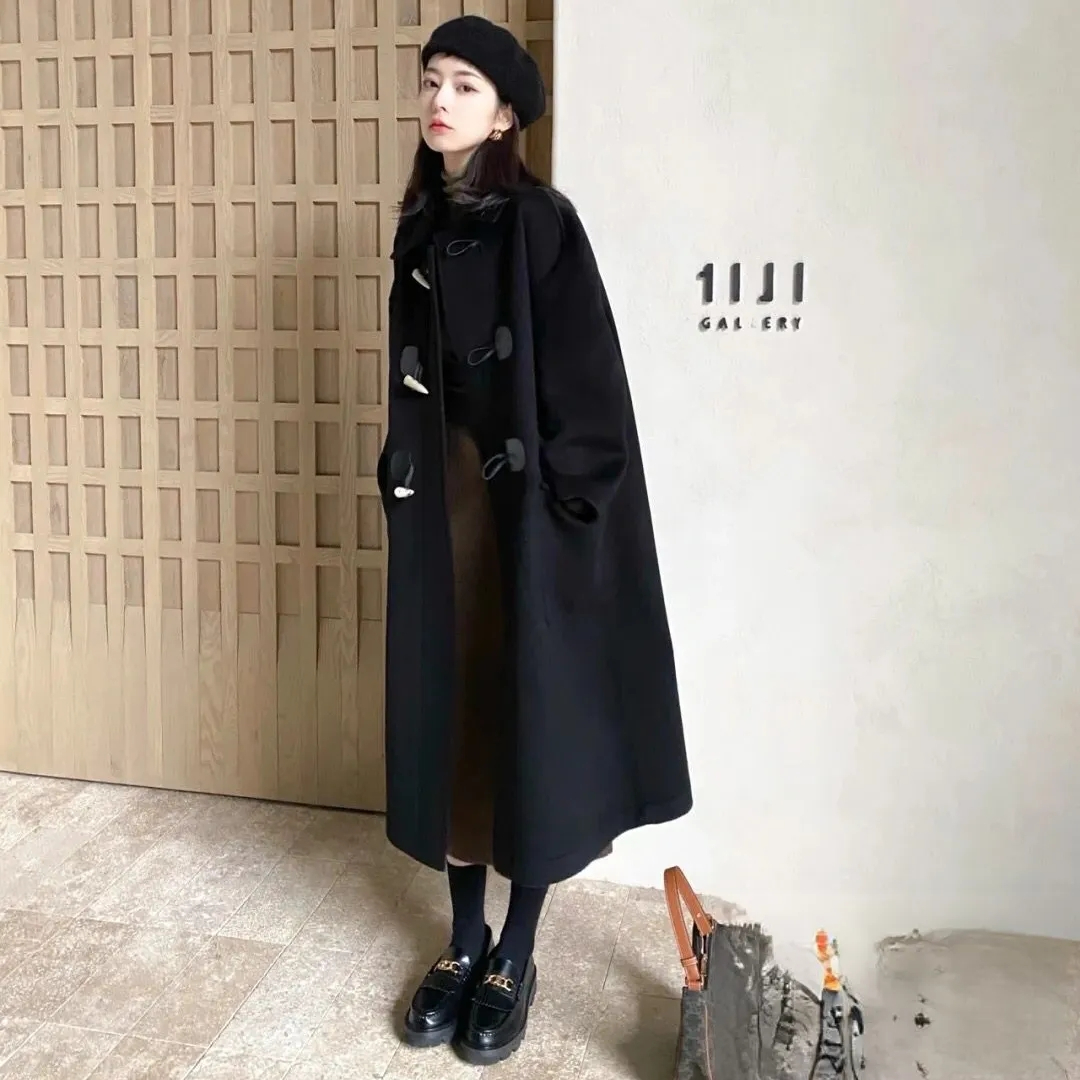 黑色牛角扣大衣女中長款加厚秋冬新款韓系羊角呢子毛呢外套