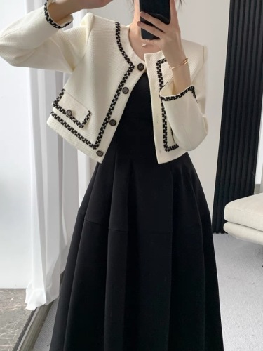Guogejia black suspender dress for women  autumn new high-end French style jacket two-piece set