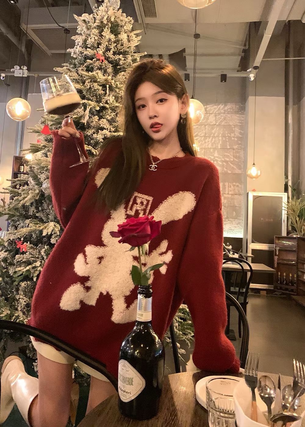 今年流行大兔子漂亮高級感超好看慵懶風紅色聖誕套頭毛衣針織衫女