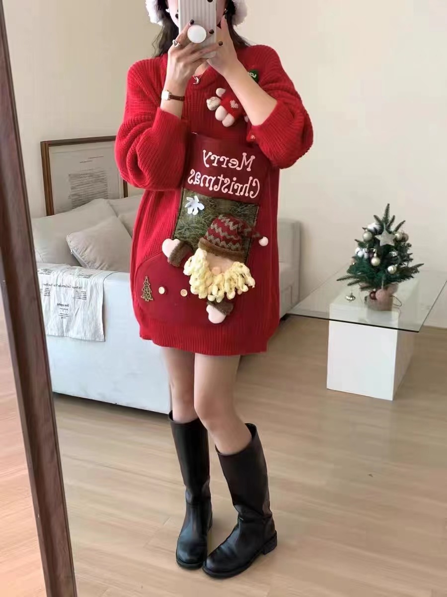 聖誕節毛衣女秋冬季針織慵懶風百搭寬鬆洋氣潮流減齡圓領紅色外穿