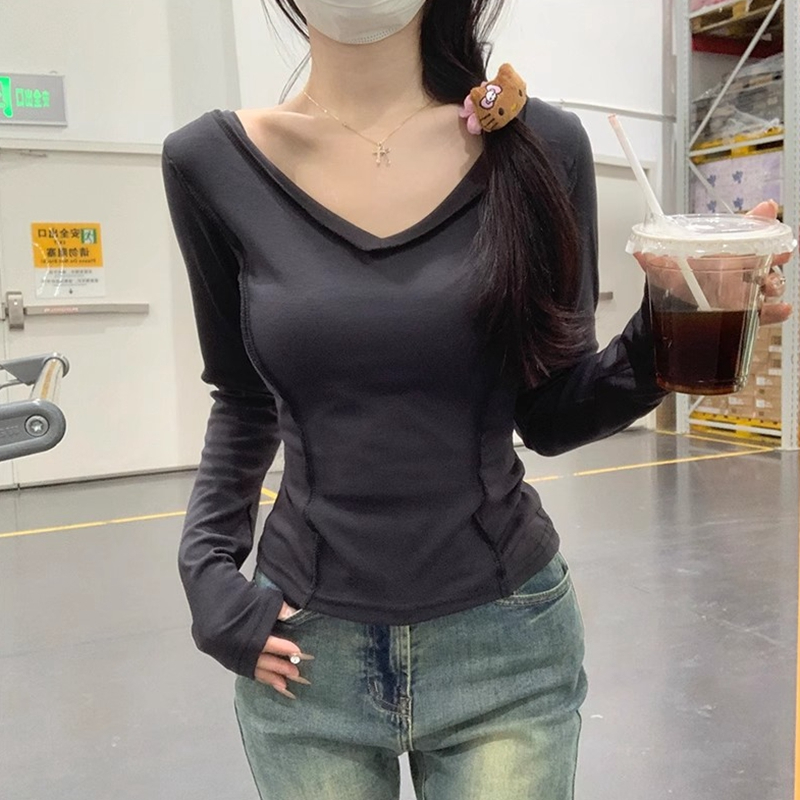 高彈羅紋德絨 設計感小眾魚骨修身顯瘦打底衫上衣T恤