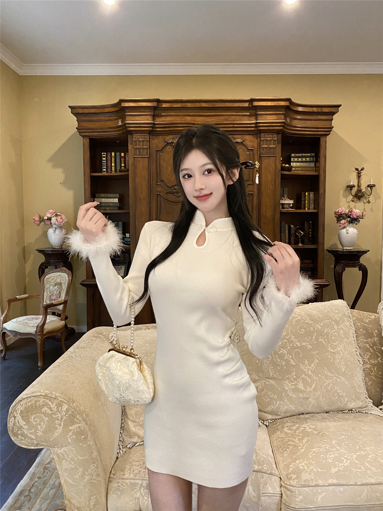 Real shot ~ New Chinese style improved cheongsam sexy tight hip skirt dress knitted short skirt for women