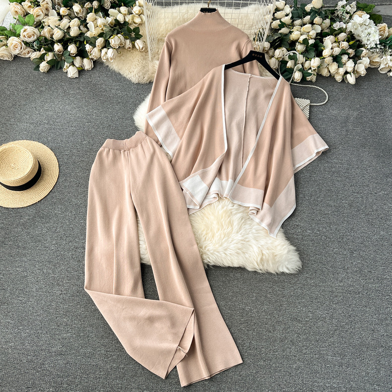 Autumn and winter loose lazy style shawl cape coat high collar pullover sweater sweater casual wide leg pants three-piece set