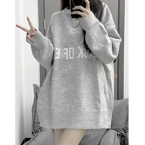 American high street loose letter round neck sweater for women autumn new versatile casual high-end niche gray top