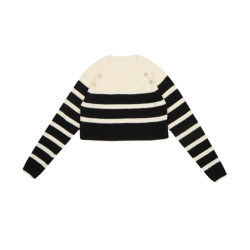 Quality Metal Buckle Contrast Color Striped Sweater Women's New Loose Soft Waxy Lazy Knitted Sweater Autumn and Winter