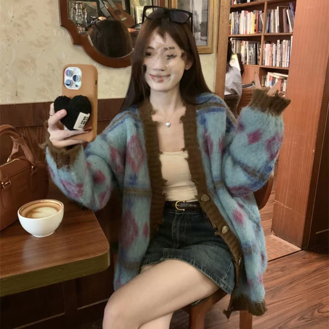 復古格子V領毛衣開衫女秋季新款韓版寬鬆慵懶軟糯針織衫上衣外套