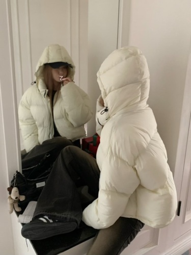Real shot of thickened warm cream bun jacket hooded cotton jacket