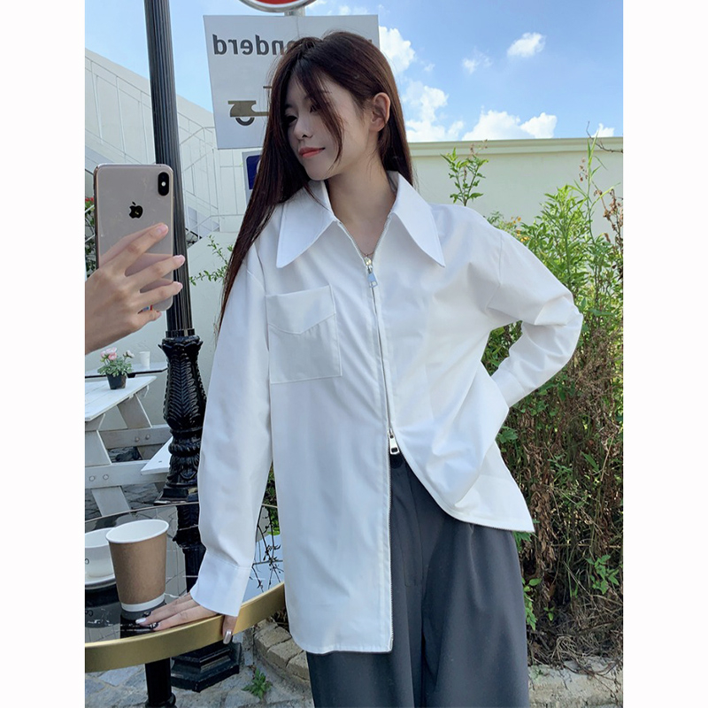 French zipper white long-sleeved shirt women's personality autumn new design niche loose slim shirt top