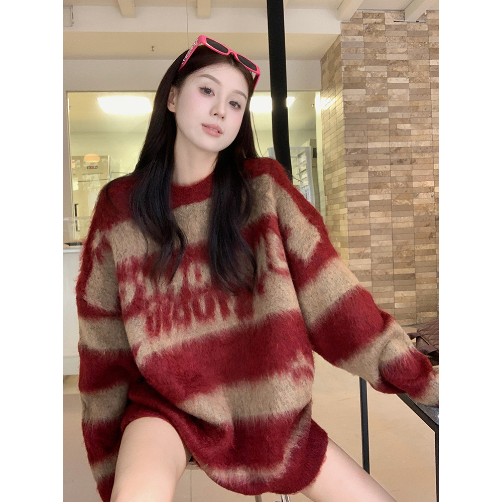 American striped pullover sweater for women autumn and winter 2023 new style lazy style outer wear loose round neck long-sleeved knitted top