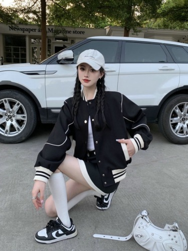 Retro Sweet and Cool Contrast Color Baseball Uniforms Fashion Trendy Jackets Tops Women's Short Jackets