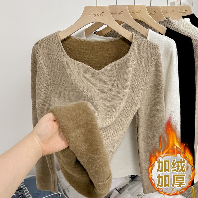 Real shot of one-piece mink velvet knitted bottoming sweater for women in autumn and winter Korean style small v-neck warm thickened sweater inner layer