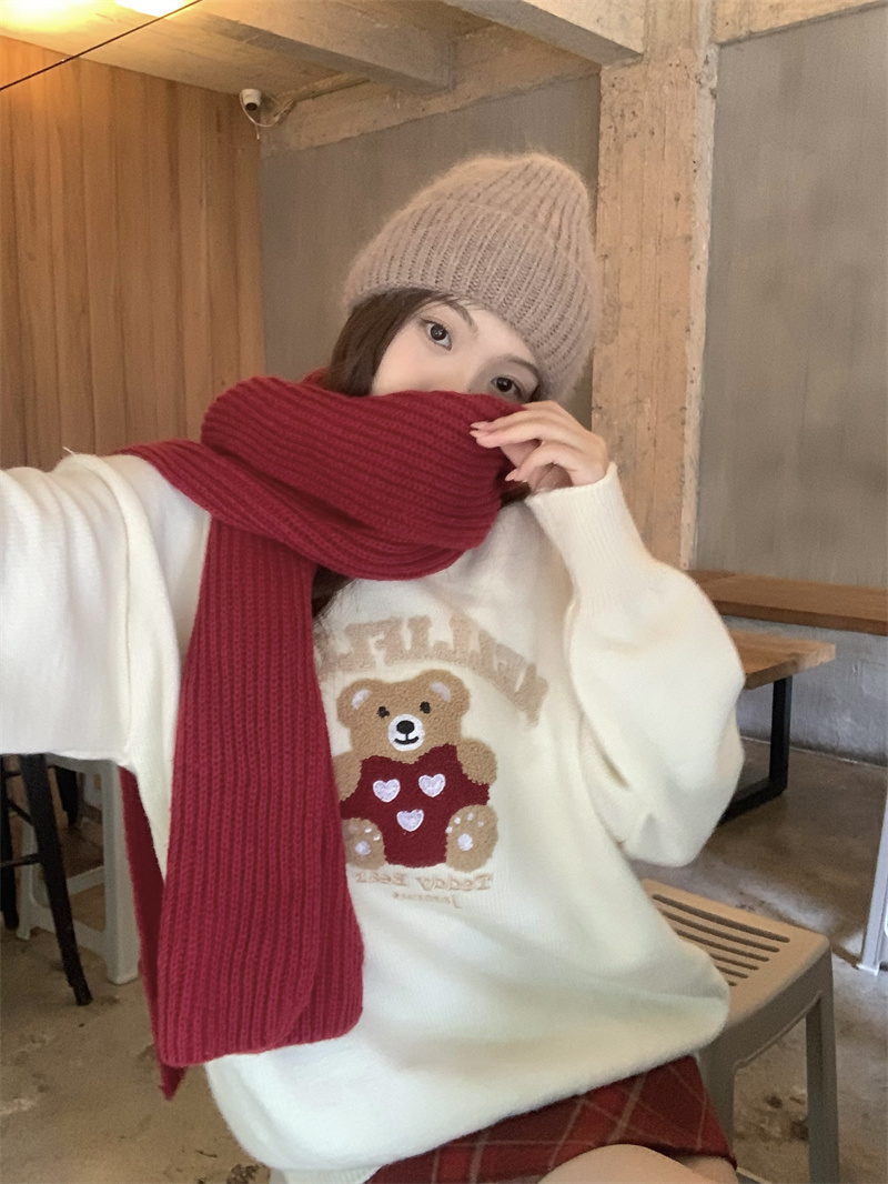 實拍 小熊刺繡針織毛衣女秋冬甜美法式軟糯套頭寬鬆長袖上衣