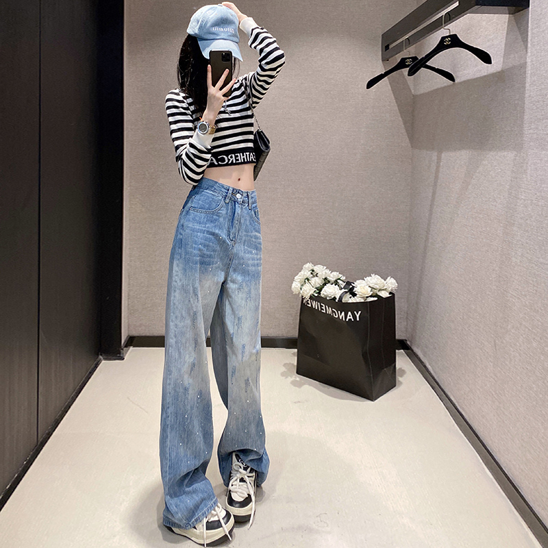 Real shot of denim wide-leg pants for women 2023 autumn new versatile pants high-waisted slimming hot diamond fashion floor-length pants