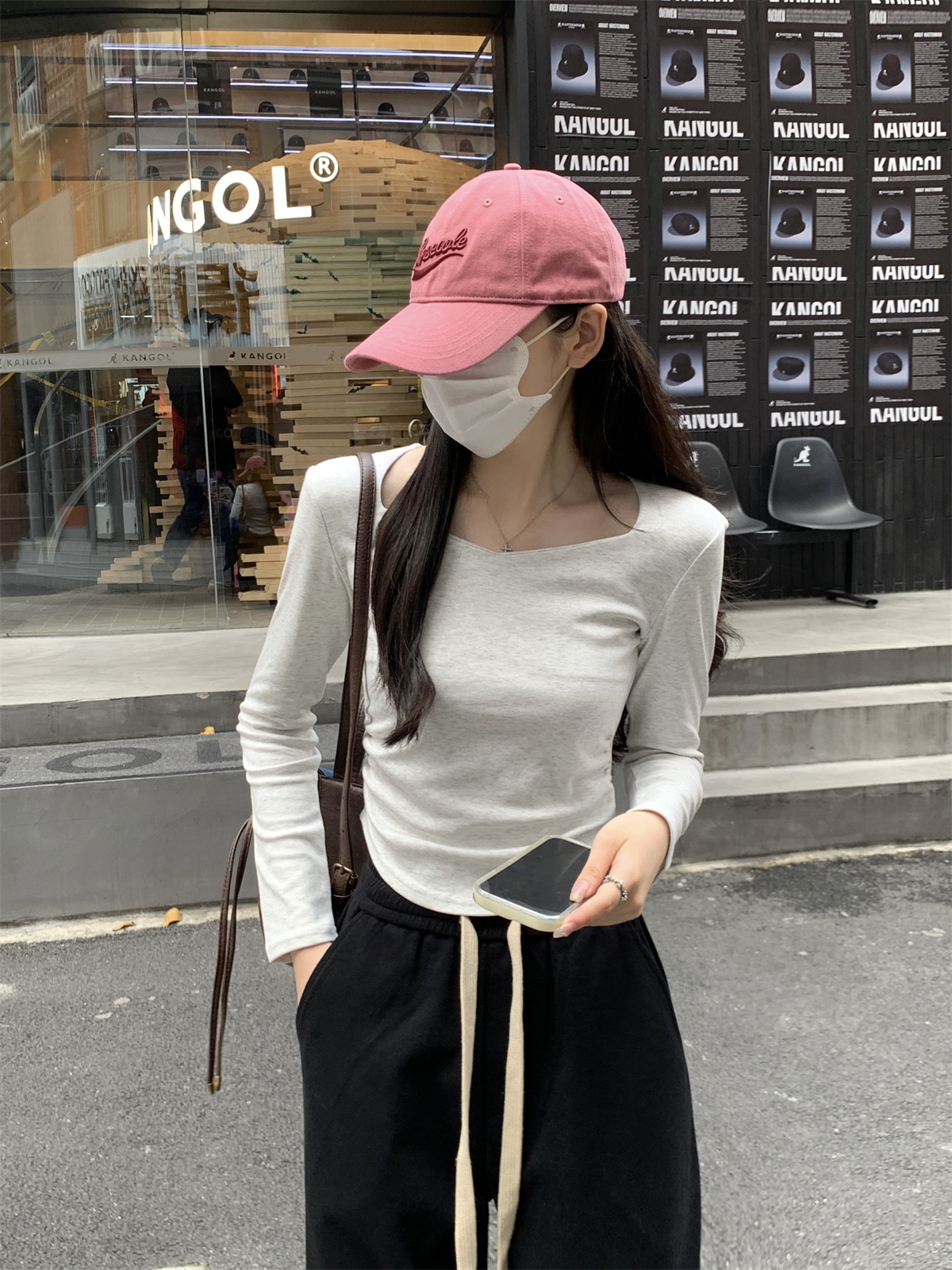 Real shot of autumn and winter Korean style slim square collar pleated slim cotton inner T-shirt long-sleeved bottoming shirt for women