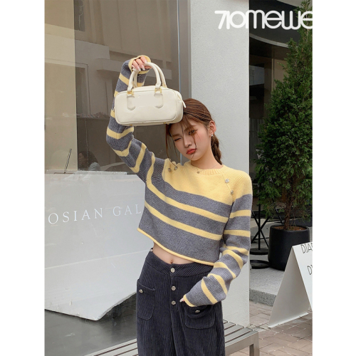 Quality Metal Buckle Contrast Color Striped Sweater Women's New Loose Soft Waxy Lazy Knitted Sweater Autumn and Winter