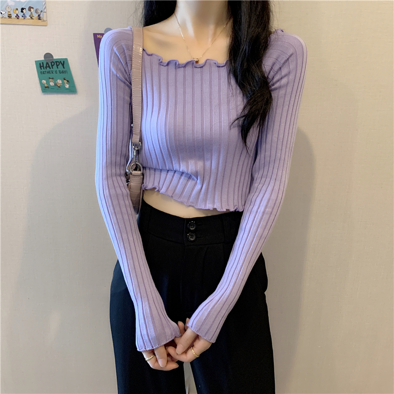 實拍~2023年新款短款上衣修身長袖打底衫針織衫女春秋季薄款