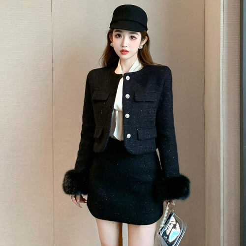 Actual shot of new winter style Xiaoxiang celebrity style detachable furry quilted thickened woolen jacket and skirt suit