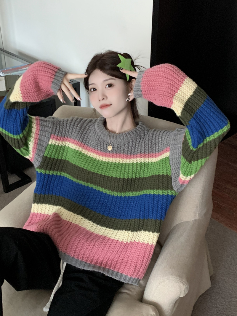 實拍~秋冬新款韓系寬鬆慵懶風彩虹撞色條紋圓領甜系毛衣外套