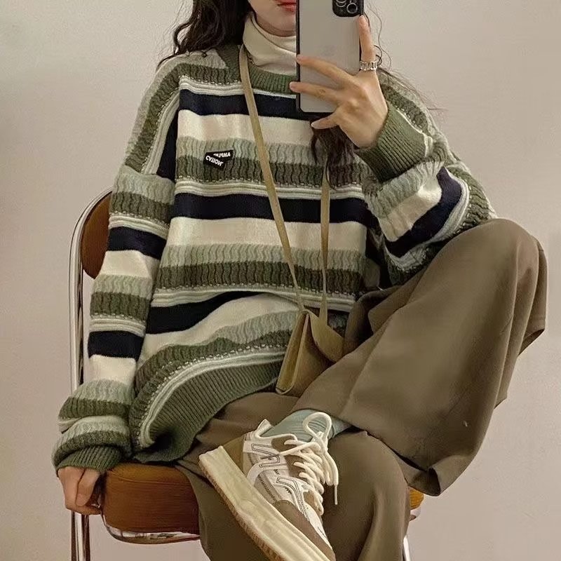 慵懶風條紋復古小眾圓領套頭針織衫毛衣女加厚秋冬寬鬆上衣外套冬