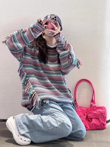 oversize sweater retro striped top design tassel sweater niche round neck loose knitwear autumn and winter