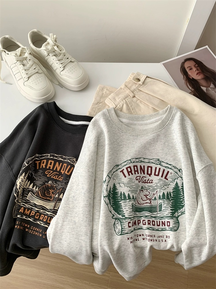 Chinese cotton composite thin section plus velvet 410g printed sweatshirt for women Korean style pullover top