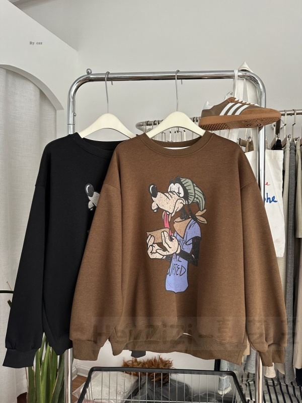 Korean Dongdaemun same style autumn and winter thickened velvet niche cute cartoon dog print round neck loose sweatshirt for women