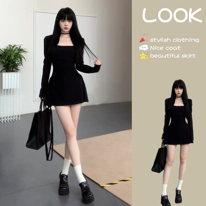 2023 new autumn dress women's high-end black sexy little black dress temperament petite long dress skirt