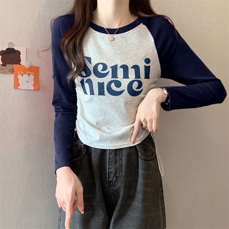 American retro drawstring long-sleeved T-shirt for women 2023 early autumn new letter print slim fit bottoming shirt top