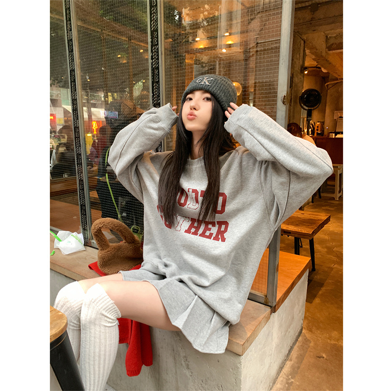 College style velvet thickened long-sleeved sweatshirt women's autumn and winter 2023 new letter printed loose mid-length top
