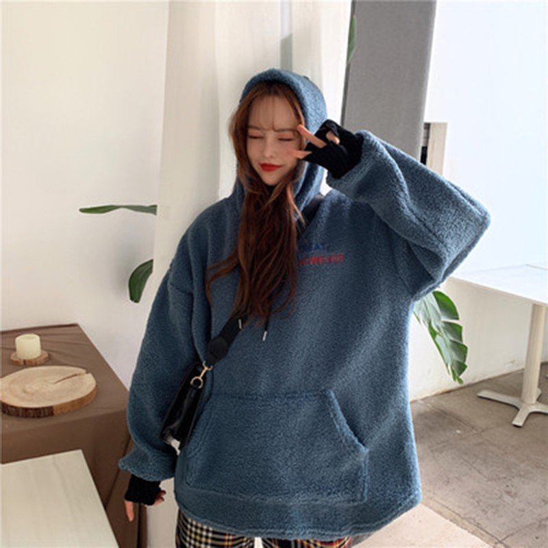Women's sherpa hooded sweatshirt plus velvet thickened fake two-piece half turtleneck student jacket top