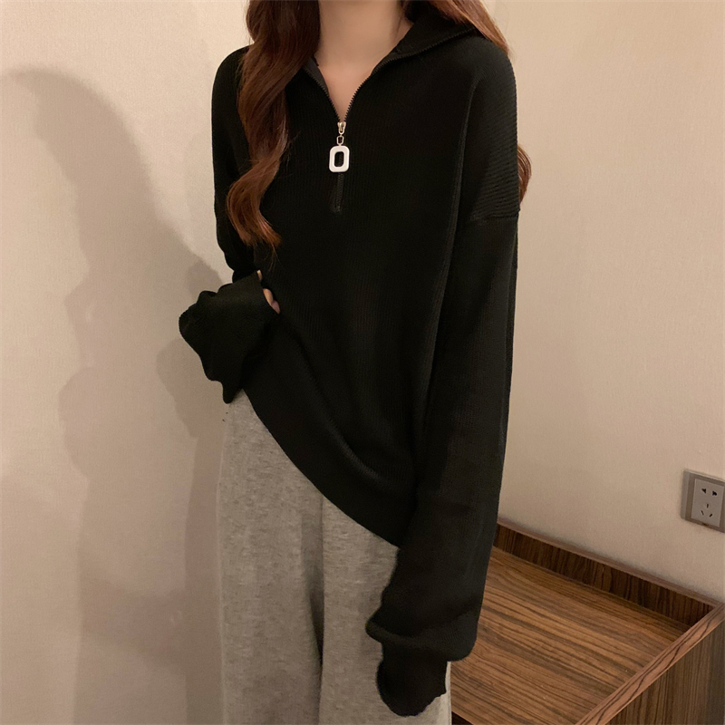 Actual shot of new autumn and winter Korean style lazy style solid color half zipper pullover loose knitted sweater top for women