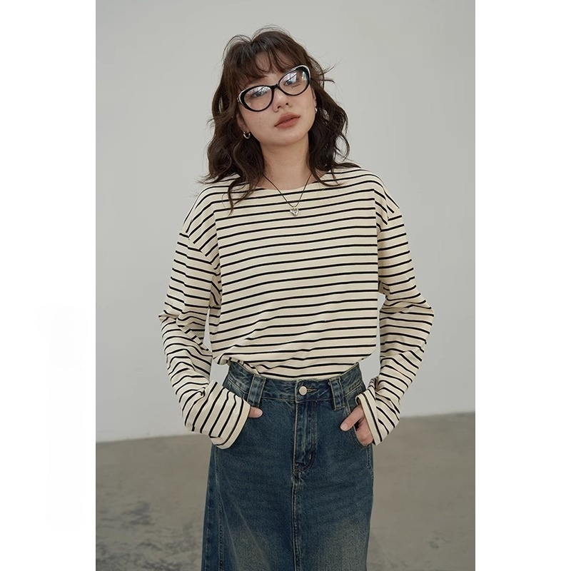 260g milk silk 2023 new autumn loose 200 catties fat MM lazy style couple trendy loose striped inner wear